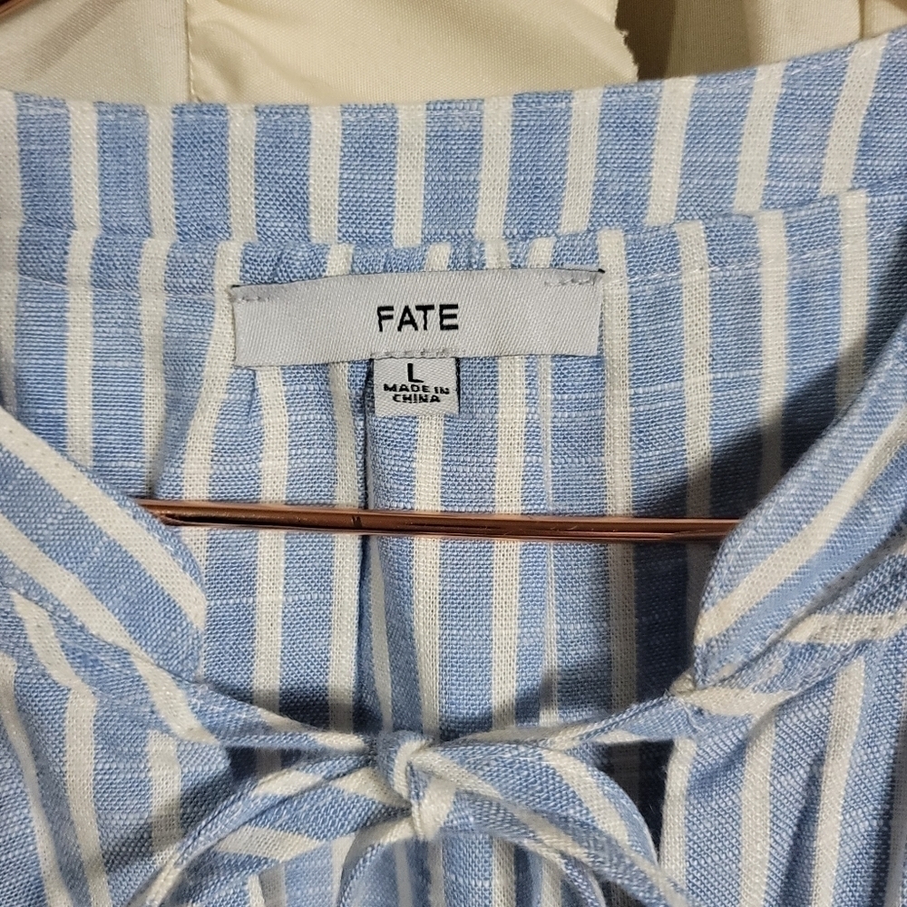 FATE Linen Blend Striped Dress Large Smocked Button Front Long Sleeves - Picture 3 of 9